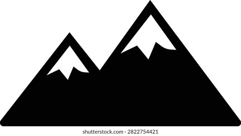 Mountain icon with alpine peak, summit, ridge, landscape, nature, rock, hill, snowcapped mountain silhouette in black flat and line style isolated on transparent background