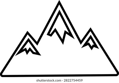 Mountain icon with alpine peak, summit, ridge, landscape, nature, rock, hill, snowcapped mountain silhouette in black flat and line style isolated on transparent background