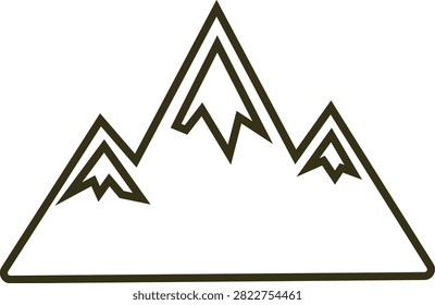Mountain icon with alpine peak, summit, ridge, landscape, nature, rock, hill, snowcapped mountain silhouette in black flat and line style isolated on transparent background