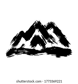Mountain icon. Black ink sketch. Hand drawn vector flat graphic illustration. Isolated object on a white background. Isolate.