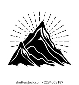 Mountain icon. Black silhouette of mountains with sun rays. Vector illustration. Abstract logo design