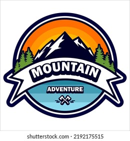 mountain icon in circle yellow gradient background   the words adventure   two axes crossed
