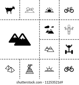 Mountain icon. collection of 13 mountain filled and outline icons such as bicycle, wheel, sun rise, goat. editable mountain icons for web and mobile.