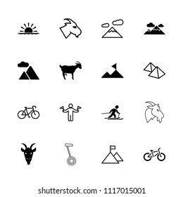 Mountain icon. collection of 16 mountain filled and outline icons such as goat, skiing, man with flags, bicycle, sun rise. editable mountain icons for web and mobile.