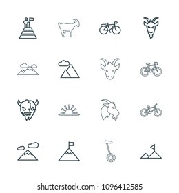 Mountain icon. collection of 16 mountain outline icons such as goat, bicycle, sun rise. editable mountain icons for web and mobile.