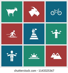 Mountain icon. collection of 9 mountain filled icons such as man with flags, goat, sun rise, skiing. editable mountain icons for web and mobile.