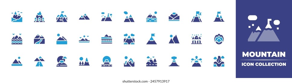 Mountain icon collection. Duotone color. Vector illustration. Containing island, mountains, goal, landscape, mountainroad, fujimountain, mountain, path, road, fuji, lake.