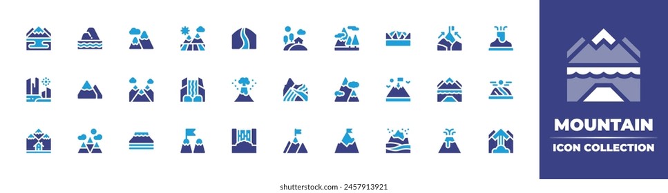 Mountain icon collection. Duotone color. Vector illustration. Containing mountain, canyon, rainbowmountain, mountains, goal, hill, field, waterfalls, volcano, freeride, waterfall.