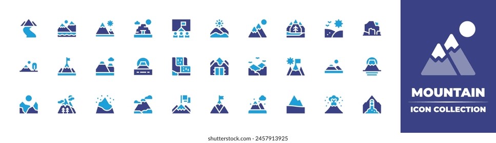 Mountain icon collection. Duotone color. Vector illustration. Containing mountain, goal, river, bunker, mountains, fuji, mountararat, mine, waterfall, achievement.