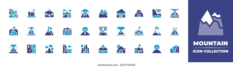 Mountain icon collection. Duotone color. Vector illustration. Containing goal, outburstflood, cablecar, skiroute, volcano, fuji, ski, cave, eruption, highway, cliff.