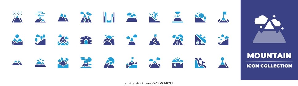 Mountain icon collection. Duotone color. Vector illustration. Containing mountains, mountain, skiing, cave, mountainrange, auroraborealis, hill, sunset, canyon.