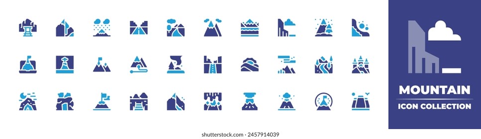 Mountain icon collection. Duotone color. Vector illustration. Containing hiking, conquer, road, auroraborealis, cave, route, volcano, landslide, landscape, lake, achievement.