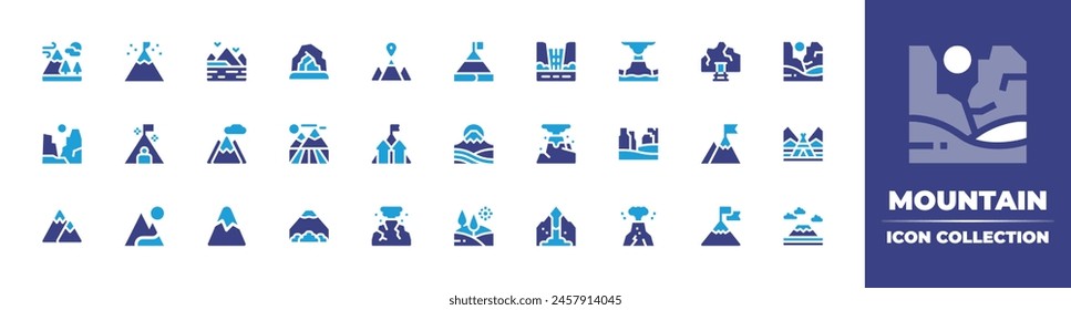 Mountain icon collection. Duotone color. Vector illustration. Containing mountains, mountain, canyon, volcano, motivation, cave, field, goal, hills, andes.