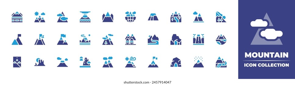 Mountain icon collection. Duotone color. Vector illustration. Containing mountain, cave, river, goal, fujimountain, mountains, valley, avalanche, route, volcano.