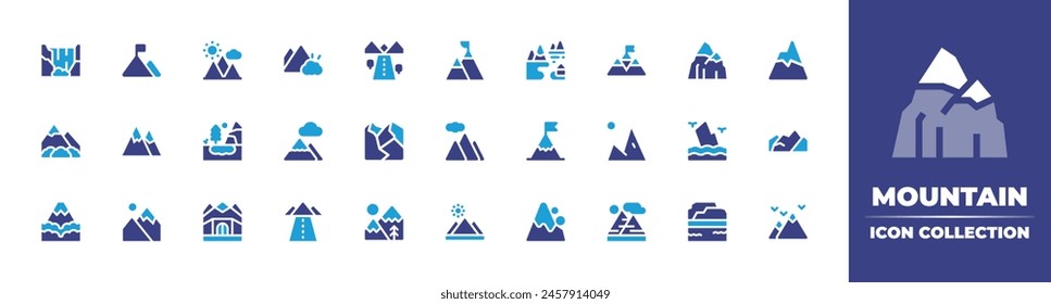 Mountain icon collection. Duotone color. Vector illustration. Containing mountain, road, mountains, atlas, waterfall, alhajarmountains, tablemountain, mount, bunker, implode, landscape, lake.