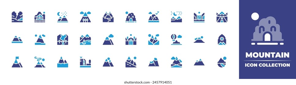 Colección de iconos de montaña. Color duotono. Ilustración vectorial. Contiene montaña, colina, montañas, fujimountain, cascada, paisaje, dzuhur, globo aerostático, túnel.