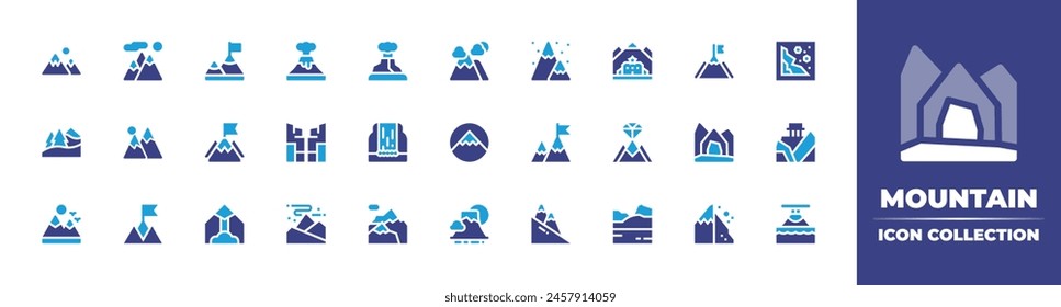 Mountain icon collection. Duotone color. Vector illustration. Containing mountain, fuji, mountains, mission, bennevis, avalanche, goal, canyon, auroraborealis, aconcagua, waterfall.