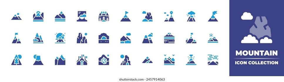 Mountain icon collection. Duotone color. Vector illustration. Containing objective, mountain, goal, mountains, fujimountain, roadbanner, rock, lanscape, glacier, cave.