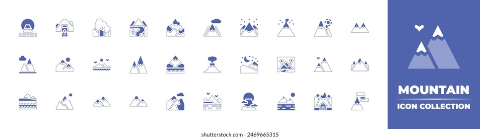 Colección de iconos de montaña. Trazo de línea de estilo duotono y negrita. Ilustración vectorial. Conteniendo río, montañas, montaña, fujimountain, noche, mina, fuji, volcán, lago, meta, info, cueva.