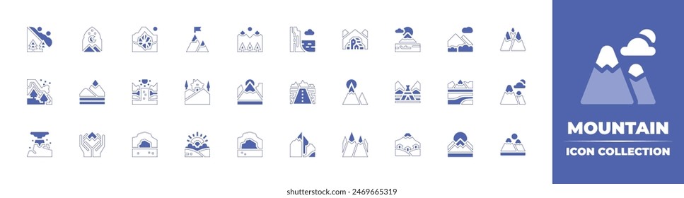 Mountain icon collection. Duotone style line stroke and bold. Vector illustration. Containing house, mountains, goal, sunrise, mountain, environment, andes, village, isha, achievement, volcano.