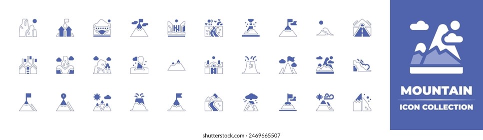 Mountain icon collection. Duotone style line stroke and bold. Vector illustration. Containing mountains, waterfalls, mountain, goal, achievement, rock, picocao, motivation, river, volcano, snowboard.