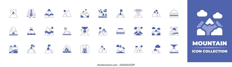 Mountain icon collection. Duotone style line stroke and bold. Vector illustration. Containing mission, mountain, mountains, goal, volcano, hills, tugelawaterfall, nature, peak, landscape, cave, mine.