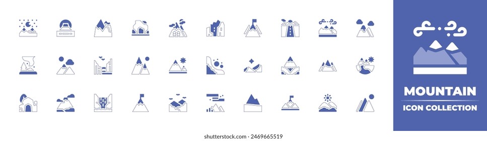 Mountain icon collection. Duotone style line stroke and bold. Vector illustration. Containing cave, goal, mountain, mountains, landscape, fuji, mountararat, auroraborealis, northernlights, rock.
