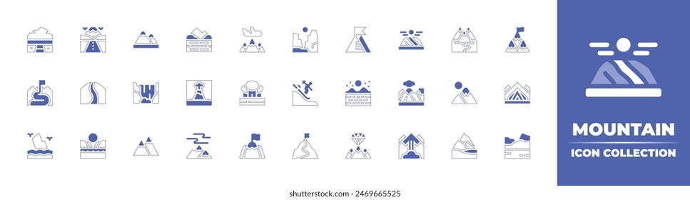 Mountain icon collection. Duotone style line stroke and bold. Vector illustration. Containing mountain, skiing, mountains, canyon, waterfall, moon, auroraborealis, road, goal, volcano, geyser, travel.