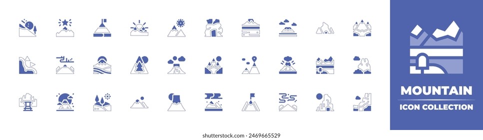 Mountain icon collection. Duotone style line stroke and bold. Vector illustration. Containing landscape, mountain, mountains, fujimountain, challenge, goal, northernlights, mine, cave, avalanche.