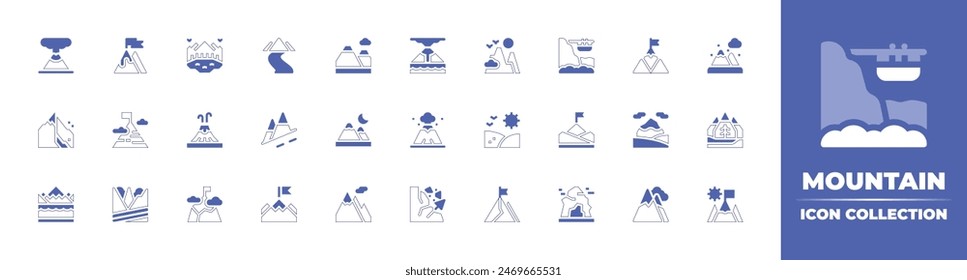 Mountain icon collection. Duotone style line stroke and bold. Vector illustration. Containing goal, river, mountains, mountain, sugarloafmountain, valley, landslide, avalanche, volcano, eruption.