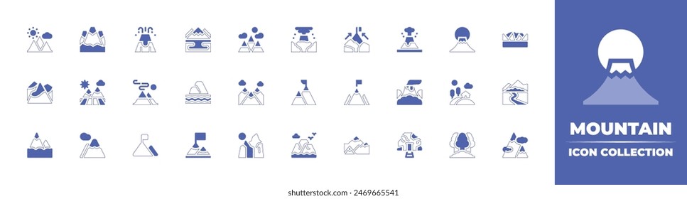 Mountain icon collection. Duotone style line stroke and bold. Vector illustration. Containing hill, mountain, fujimountain, goal, mountains, field, growth, mine, eruption, volcano.