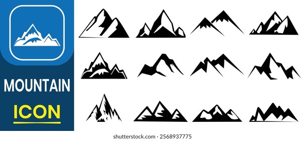 Mountain icon collection. Set of mountain silhouette 
 vector elements. Containing landscape, land, success, valley, climbing, hiking badges. Snow ice decorative symbols isolated. Vector illustration.