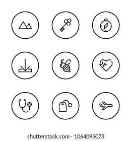 Mountain icon with compass, tea packet and plane symbols. Set of teatime, bee, key icons and tea bag concept. Editable vector elements for logo app UI design.