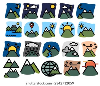The mountain icon depicts a triangular peak representing a mountain. It symbolizes strength, resilience, and the beauty of nature's grand formations and season day sun moon night cloudy