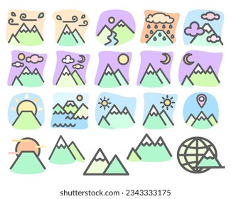 The mountain icon depicts a triangular peak representing a mountain. It symbolizes strength, resilience, and the beauty of nature's grand formations and season day sun moon night cloudy