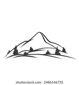 Mountain icon, doodle rock with pine and spruce trees at foot. Retro minimalist gentle slope, hillside with forest. Nature of Alps, hiking mascot, hand drawn mountains icon vector illustration