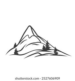 Mountain icon, doodle rock with pine and spruce trees at foot. Retro minimalist gentle slope, hillside with forest. Nature of Alps, hiking mascot, hand drawn mountains icon vector illustration