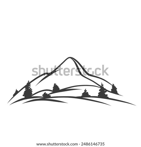 Mountain icon, doodle rock with pine and spruce trees at foot. Retro minimalist gentle slope, hillside with forest. Nature of Alps, hiking mascot, hand drawn mountains icon vector illustration
