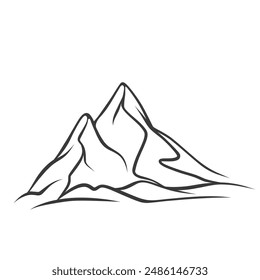 Mountain icon, doodle two peaks of alpine range. Retro minimal sketch of high hills and rocky landscape on horizon. Nature, hiking and travel mascot, hand drawn mountain icon vector illustration