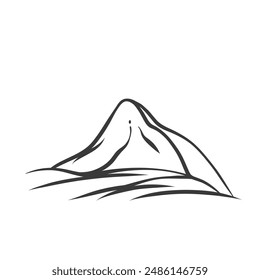 Mountain icon, doodle two peaks of alpine range. Retro minimal sketch of high hills and rocky landscape on horizon. Nature, hiking and travel mascot, hand drawn mountain icon vector illustration