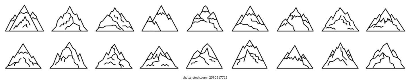Mountain icon. Editable stroke. Set of black linear mountain icons. Mountain symbol. Vector illustration