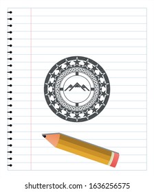 mountain icon emblem with pencil effect. Vector Illustration. Detailed.