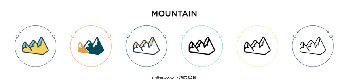 Mountain icon in filled, thin line, outline and stroke style. Vector illustration of two colored and black mountain vector icons designs can be used for mobile, ui, web