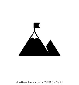 mountain icon with flag in black on a white background, reach the top or goal