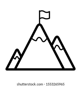 Mountain icon with flag on a peak. Mountain peak icon with flag symbol in flat style design. Vector illustration.