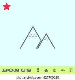Mountain icon flat. Grey pictogram on blue background. Vector illustration symbol and bonus buttons medal, cow, earth, eye, calculator