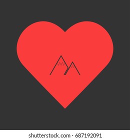 Mountain icon flat. Simple pictogram on heart background. Vector illustration symbol