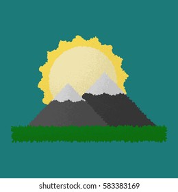 Mountain icon in flat style. Landscape. Cartoon illustration. Minimalistic outdoor emblem. Mountain, sun, grass. Image icon. Vector icon.