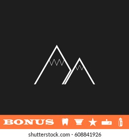 Mountain icon flat. White pictogram on black background. Vector illustration symbol and bonus button tooth, vase, star, mirror, bottle