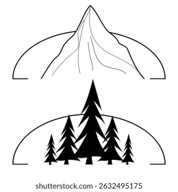 Mountain icon. Forest tree scene. Black silhouette design. Vector nature symbol.